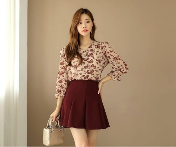 Jashudi Style Women's Floral Print Button Down Top with Long Sleeves and Burgundy High-Waisted Skirt - Image 6