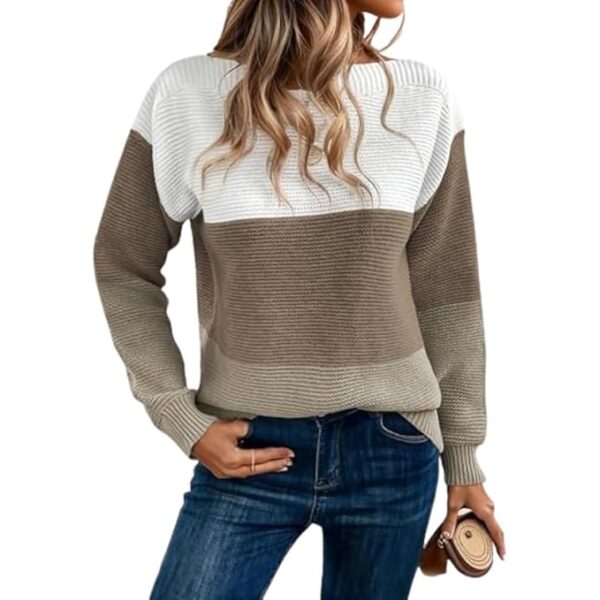 Honmin® Women's Contrast Color Knitted Pullover Sweater with Round Neck for Autumn and Winter
