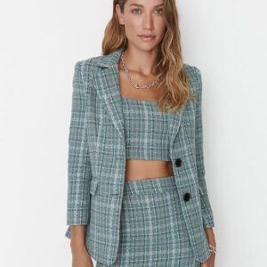 SIRIL Women's Co-ord Set Lycra Long Sleeve Blazer Inner Crop Top and Skirt Set |