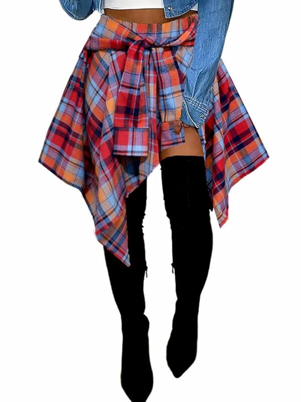 Women's Plaid Skorts Skirts - High Waisted Tie Front Pleated Summer Asymmetrical
