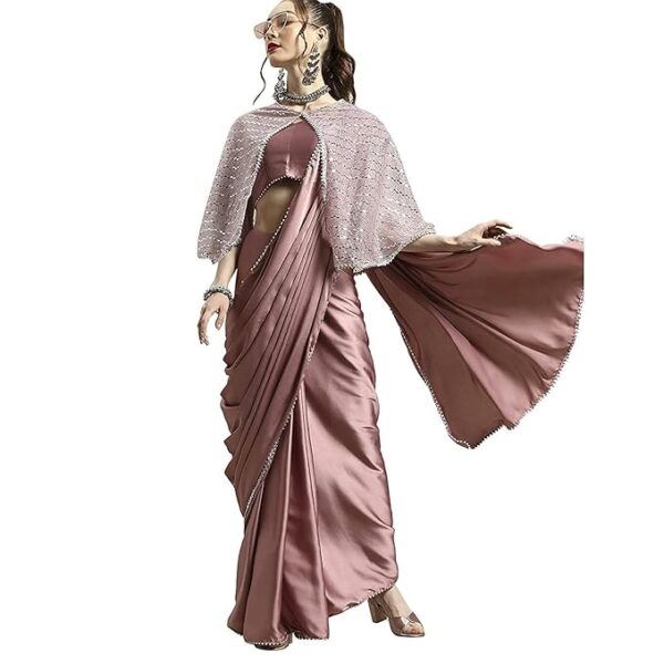 Womanista Women's Satin Saree with Embellished Cape - Image 5