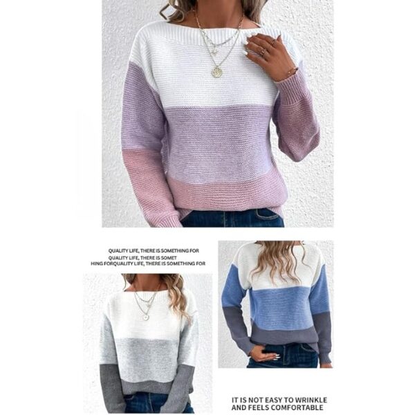 Honmin® Women's Contrast Color Knitted Pullover Sweater with Round Neck for Autumn and Winter - Image 7