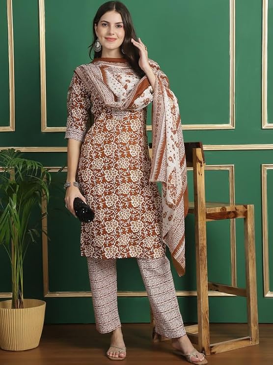 Pinkmint Salwar Suit Set For Women Flower Printed Halter V Neck Kurta With Trouser