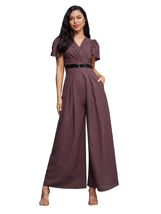 Miss Chase Women's Solid Relaxed Fit Short Sleeve V-Neck Jumpsuit with Pockets