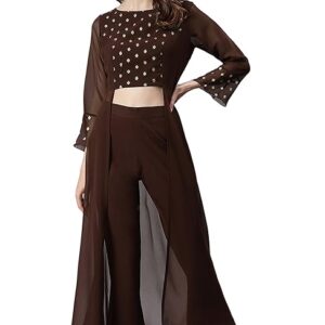 Janasya Women's Brown Georgette Ethnic Motifs Kurta Set