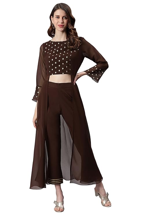 Janasya Women's Brown Georgette Ethnic Motifs Kurta Set