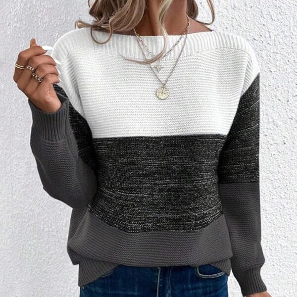 Honmin® Women's Contrast Color Knitted Pullover Sweater with Round Neck for Autumn and Winter - Image 5