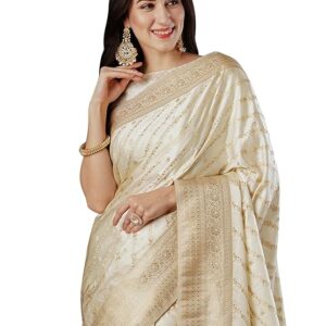 AKHILAM Women's Satin Silk Ethnic Motif Woven Design Saree With Unstitched Blouse