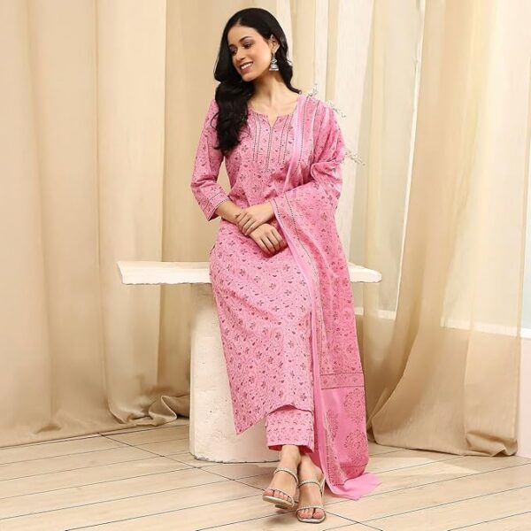 BIBA Women Pink Cotton Screen Print Unstitched Suit Set_FREE SIZE - Image 6