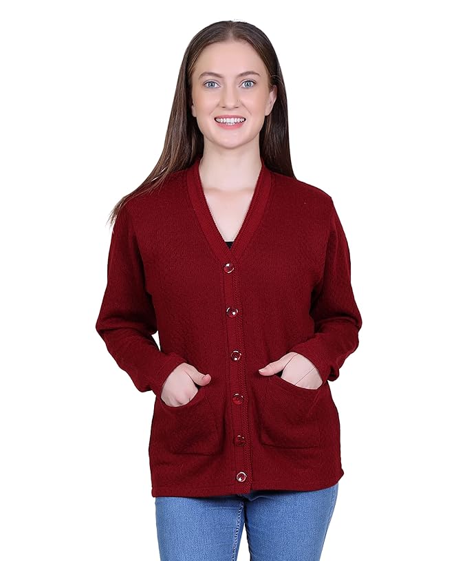 Women Woolen v-Neck Cardigan Pullover Sweater for Winter wear with Front Pockets - Image 5