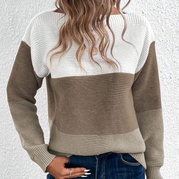 Honmin® Women's Contrast Color Knitted Pullover Sweater with Round Neck for Autumn and Winter - Image 4