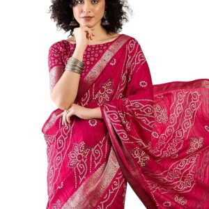 AKHILAM Women's Pink Muga Silk Bandhani Printed Ready To Wear OR Regular Saree