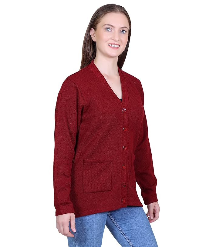 Women Woolen v-Neck Cardigan Pullover Sweater for Winter wear with Front Pockets - Image 2
